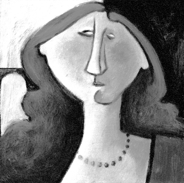 Lady in Pearls - monochrome painting of enigmatic lady with long hair looking to her right (your left, and maybe at you).