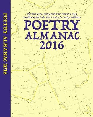 Jacket of the Almanac, which is cream in colour with a background of stars - with mapping of constellations -- but that is quite faint. You don't see it at first glance. To third in purple caps is POETRY ALMANAC 2016, centred. You also see a purple spine to the left with the same words in cream on purple background. 