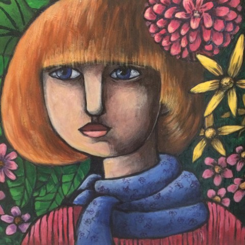 Full colour acrylic painting of a girl, head and shoulders. She has bobbed red hair and a full fringe. A blue scarf looped round her neck. Behind her and against her hair, pink and yellow flowers and greenery. Her expression is wistful. The artist is Gillian Rose.