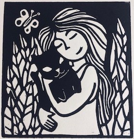 This is a monchrome lino cut. It shows a girl with long hair cuddling a black cat. Behind her leaves with vein patterns, and to her left a butterfly. 