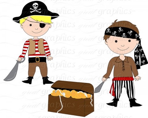 Cartoony pic of two little boys as pirates. One has a sash round his head (a bandana) and a red one round his waist. The other has a broad buckled belt, an eye patch and a pirate hat. Both have cutlasses and are grinning. There is a treasure chest of swag beside them. Downloaded from http://www.clipartpanda.com/categories/pirate-clip-art-free